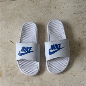 Nike White Slides with Blue Logo